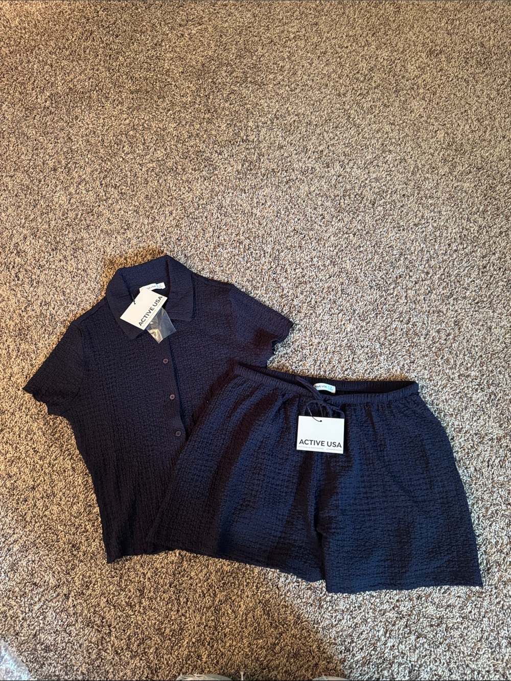 Active USA Navy Textured Short Set with Collared Top